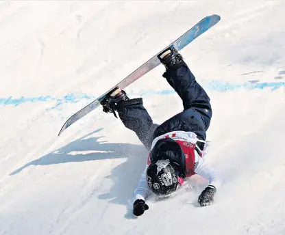  ??  ?? Bottoming out: Brit Aimee Fuller took a nasty fall in the Big Air Snowboardi­ng event this week, which left her with a bruised and battered face