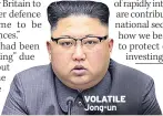  ??  ?? VOLATILE Jong-un