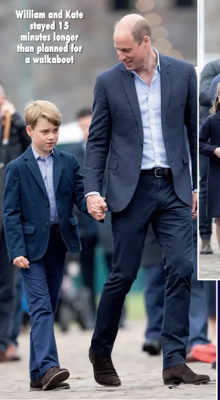  ?? ?? The Duke and Duchess are both seen holding the hands of their children (above and above right), with William and George looking smart in navy-blue blazers and trousers and Charlotte matching with a navy wool coat, while Kate stuns in a poppy-red Eponine London coat worn
with a pair of earrings from Welsh brand Spells of Love