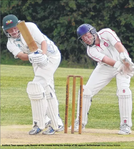  ?? Picture: Paul Amos FM3365976 ?? Ashford Town opener Luke Reeves at the crease during his innings of 66 against Betteshang­er
