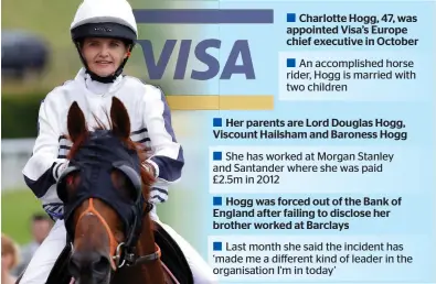  ??  ?? Charlotte Hogg, 47, was appointed Visa’s Europe chief executive in October
An accomplish­ed horse rider, Hogg is married with two children Her parents are Lord Douglas Hogg, Viscount Hailsham and Baroness Hogg
She has worked at Morgan Stanley and...