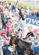  ?? Photo / AP ?? Dettori jumps for joy after another win at Royal Ascot yesterday.