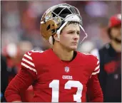  ?? NHAT V. MEYER — BAY AREA NEWS GROUP, FILE ?? Niners quarterbac­k Brock Purdy has had his UCL surgery delayed, which means the team would be wise to sign another backup quarterbac­k.