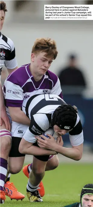  ?? PICTURE BY PIARAS Ó MÍDHEACH/SPORTSFILE ?? Barry Dooley of Clongowes Wood College, pictured here in action against Belvedere during last year’s Junior Cup campaign, will be part of his school’s Senior Cup squad this year