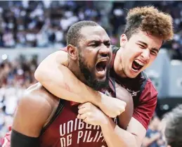  ??  ?? giting ang palahaw ni Bright Akhuetie matapos ang game-winning basket na pumuwersa sa do-or-die laban sa Adamson.