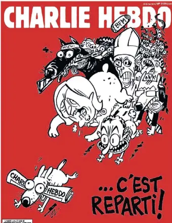  ?? FOTO: DPA ?? Die neue Ausgabe von „Charlie Hebdo“trägt den Titel „Es geht wieder los“. Zu sehen sind unter anderem der Papst, FN-Chefin Marine Le Pen und der UMP-Chef Nicolas Sarkozy.