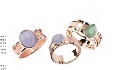  ?? ?? Above: Bliss of Harvest rings in oval-cut lavender jadeite, octagon-cut lavender jadeite and dew-cut green jadeite