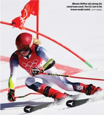  ?? GETTY IMAGES ?? Mikaela Shiffrin skis during the mixed team event. The U.S. lost in the bronze-medal match.