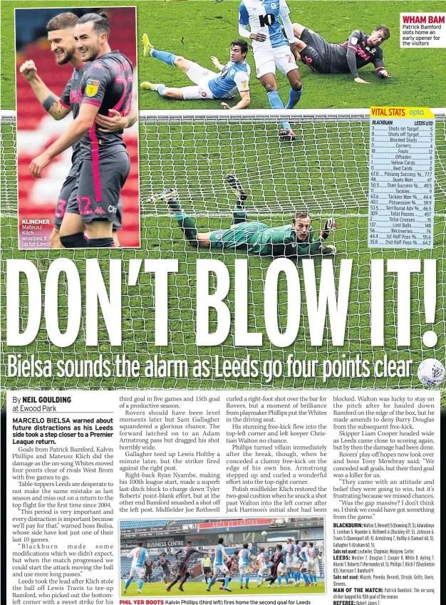  ??  ?? KLINCHER Mateusz Klich wrapped it up for Leeds
PHIL YER BOOTS Kalvin Phillips (third left) fires home the second goal for Leeds
WHAM BAM Patrick Bamford slots home an early opener for the visitors