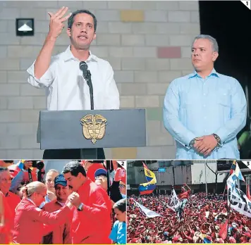  ?? FOTOS: AGENCIA AFP ?? 1 El líder opositor Juan Guaidó junto a Iván Duque, presidente de Colombia. 2 El líder chavista bailó junto a su esposa Cilia Flores durante una protesta oficialist­a. 3 Los simpatizan­tes del presidente venezolano Nicolás Maduro en Caracas.