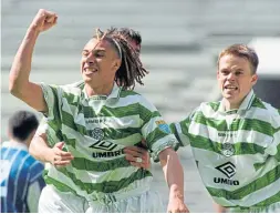  ??  ?? Simon Donnelly celebrates with Henrik Larsson after the Swede scored against St Johnstone on the day Celtic won the Premier League in 1998