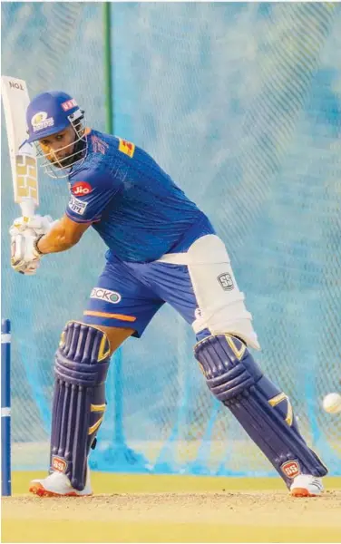  ?? Courtesy: MI Twitter ?? Mumbai Indians’ Kieron Pollard bats during nets ahead of their IPL match against Delhi Capitals.