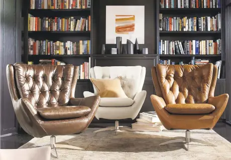  ?? POTTERY BARN ?? The Wells swivel chair by Pottery Barn. With a nod to midcentury modern style, the Wells swivel chair incordetai­ling porates classic like tufting and the wing silhouette.