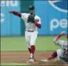  ?? TONY DEJAK — THE ASSOCIATED PRESS ?? The Indians’ Francisco Lindor, left, throws to first base after getting Cincinnati Reds’ Jesse Winker out at second base during the fifth inning on July 10 in Cleveland.