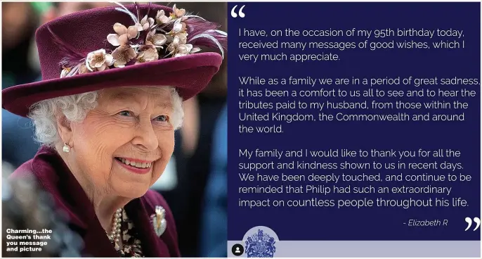  ??  ?? Charming...the Queen’s thank you message and picture