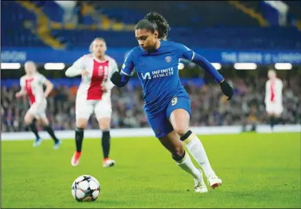  ?? (AP) ?? Chelsea’s Catarina Macario controls a ball during the Women’s Champions League quarterfin­al second leg soccer match between Chelsea and Ajax at Stamford Bridge Stadium in London, Wednesday, March 27, 2024.