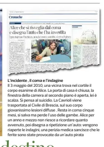  ??  ?? L’incidente , il coma e l’indagine Il 3 maggio del 2010, una vicina trova nel cortile il corpo esanime di Alice. La porta di casa è chiusa, la finestra della camera al secondo piano è aperta, lei è scalza. Si pensa al suicidio. La Cavrioli viene...