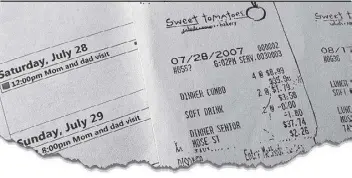  ??  ?? An entry (left) on former Gwinnett Commission­er Mike Beaudreau’s calendar reflects a vist from his parents on a Saturday and Sunday in July 2007. He charged a meal from that Saturday night to taxpayers. The receipt indicates four meals and a “senior...