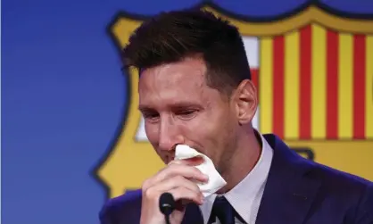  ??  ?? Lionel Messi breaks down in tears as he talks about leaving Barcelona. Photograph: Joan Monfort/AP