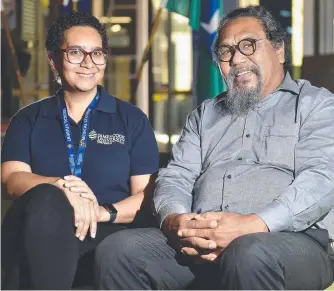  ??  ?? Torres Strait Island student Joanne Kaczmarek with James Cook University’s Pro Vice Chancellor, Indigenous Education and Strategy, Martin Nakata. Picture: MATT TAYLOR.