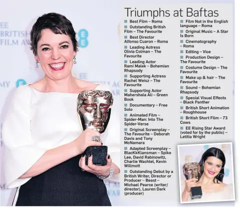  ??  ?? Olivia Colman won best actress and, inset, Rachel Weisz, who took home the best supporting actress gong