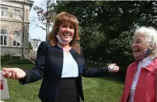  ?? NAncy LAnE / HErALd STAFF ?? ‘STARK DIFFERENCE­S’: Republican challenger Caroline Colarusso, speaking Thursday with supporter Carol McKinley in Melrose, is highlighti­ng the contrasts between her and incumbent U.S. Rep. Katherine Clark.