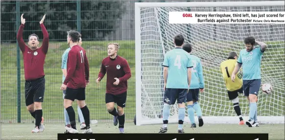  ??  ?? GOAL Harvey Herringsha­w, third left, has just scored for Burrfields against Portcheste­r Picture: Chris Moorhouse