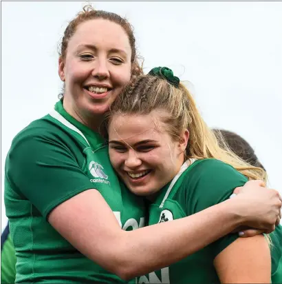  ??  ?? Aoife McDermott, left, and Dorothy Wall of Ireland following the Women’s Six Nations Rugby Championsh­ip match between Ireland and Scotland at Energia Park in Donnybrook on Sunday. Pic: Ramsey Cardy/Sportsfile.
