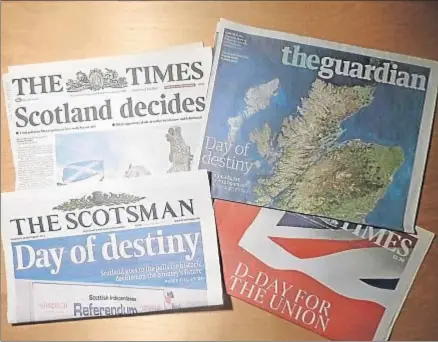  ?? ARCHIVO ?? Portadas de diversos diarios británicos el 18 de septiembre del 2014, día del referéndum de Escocia
