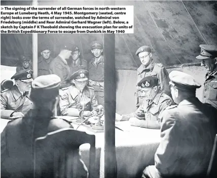  ??  ?? The signing of the surrender of all German forces in north-western Europe at Luneberg Heath, 4 May 1945. Montgomery (seated, centre right) looks over the terms of surrender, watched by Admiral von Friedeburg (middle) and Rear Admiral Gerhard Wagner (left). Below, a sketch by Captain F K Theobald showing the evacuation plan for units of the British Expedition­ary Force to escape from Dunkirk in May 1940