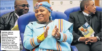  ?? Picture: RANDELL ROSKRUGE ?? CRITICAL SKILLS: Defence Minister Nosiviwe Mapisa-Nqakula at the University Fort Hare (UFH) to drum up motivation to study mathematic­s. UFH and Armscor’s partnershi­p was lauded at the event
