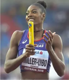  ?? — AFP photo ?? Shaunae Miller-Uibo from Team America reacts after the 4x400m Relay Mixed at the IAAF Continenta­l Cup in Ostrava.