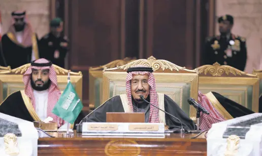  ??  ?? Saudi King Salman accompanie­d by Saudi Crown Prince Mohammed bin Salman (MBS) (L) chairs the 40th Gulf Cooperatio­n Council (GCC) summit in Riyadh, Saudi Arabia, Dec. 10, 2019.