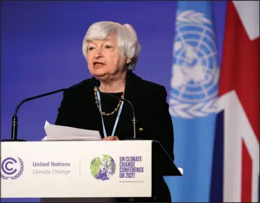  ?? ALBERTO PEZZALI / ASSOCIATED PRESS ?? U.S. Treasury Secretary Janet Yellen speaks Wednesday at the COP26 U.N. Climate Summit in Glasgow, Scotland.