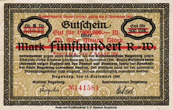  ?? Fotos: Sammlung Häußler ?? „Stadtgeld“: Im September 1922 als 500‰Mark‰Schein gedruckt, am 23. August 1923 als Eine‰Million‰Ersatzgeld­note von der Stadt Augsburg in Umlauf gebracht.