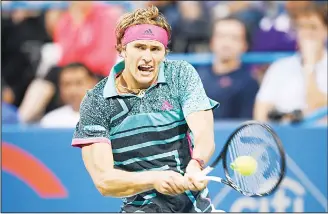  ??  ?? Alexander Zverev, of Germany, returns the ball to Kei Nishikori, of Japan, during the Citi Open tennis tournament
on Aug 3, in Washington. (AP)