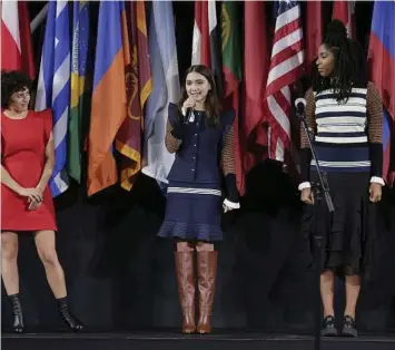  ?? JP Yim / Getty Images ?? Rowan Blanchard, center, with Alia Shawkat, left, and Jessica Williams, attended the opening ceremony fashion show during New York Fashion Week. “Even I sometimes forget that she’s only (15),” Blanchard’s mom, Elizabeth, has said.