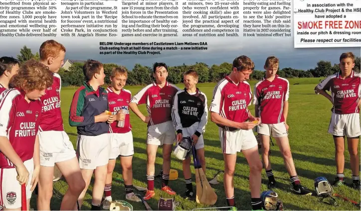  ??  ?? BELOW: Underage members of Castletown Liam Mellows GAA Club eating fruit at half-time during a match – a new initiative as part of the Healthy Club Project.