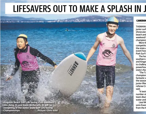  ??  ?? Kingston Beach Surf Life Saving Club members Nilu Jiang, 11, and Ewan McIlwraith, 11, will be competing in the Junior State Surf Life Saving Championsh­ips. Picture: Chris Kidd