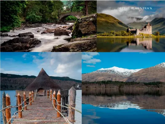  ??  ?? Clockwise from top left: Crail; Falls of Dochart; Kilchurn Castle; Ben Cruachan reflected in Loch Awe; reconstruc­ted Crannog at Loch Tay; Kingsbarns Distillery; the iconic Swilken Bridge on the eighteenth hole at St Andrews’ Old Course; Caiplie Caves.