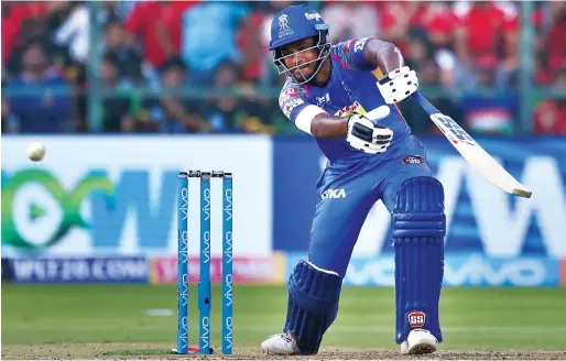  ?? AP ?? Rajasthan Royals batsman Sanju Samson during his 45-ball 92 not out in the win against Royal Challenger­s Bangalore in Bengaluru on Sunday. —