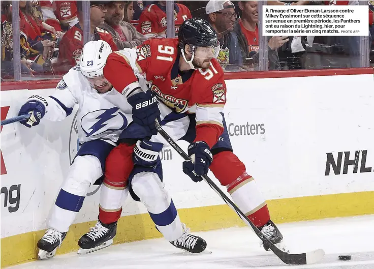  ?? PHOTO AFP ?? À l’image d’oliver Ekman-larsson contre Mikey Eyssimont sur cette séquence survenue en première période, les Panthers ont eu raison du Lightning, hier, pour remporter la série en cinq matchs.