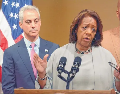  ?? | SUN-TIMES FILE PHOTO ?? Then-Chicago Public Schools CEO Barbara Byrd-Bennett in August 2014 with Mayor Rahm Emanuel, who appointed her.