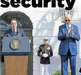  ?? AP ?? Japanese Prime Minister Fumio Kishida speaks as US President Joe Biden listens during a state arrival ceremony on the South Lawn of the White House in Washington on Wednesday.