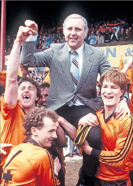  ??  ?? Jim Mclean is carried aloft by, left to right, Paul Hegarty, Derek Stark, John Reilly and Richard Gough as Dundee United win the Premier League with a 2-1 win over city rivals Dundee at Dens Park in 1983