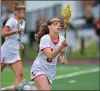  ?? KYLE FRANKO/ TRENTONIAN PHOTO ?? Lawrencevi­lle’s Mandy Vogel (8) clears the ball against Allentown during the Mercer County Tournament girls lacrosse final.