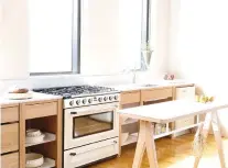  ??  ?? An easy way to create extra work space in a super-small kitchen is to add a movable island that can be used for food preparatio­n, like the trestle table shown here.