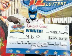  ?? CONTRIBUTE­D ?? M.D., the latest winner and largest jackpot holder in the Izizzi Lottery Greek Gods, shows off his symbolic cheque for his millions in winnings.