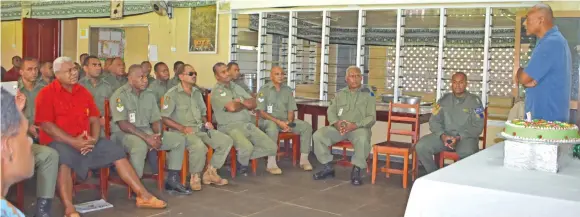  ?? Photo: Shratika Naidu ?? Republic of Fiji Military Forces Commander Rear Admiral Viliame Naupoto talking to his officers at the Sukanaival­u Barracks in Labasa during his short visit on February 7, 2018.