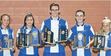 ?? Photo: Nev Madsen ?? AWARD WINNERS: Harristown State High School students (from left) Felicity Koch, Kylie Janes, Mason Hughes, Jack Oster and Maddison Teakle celebrate their school sport award wins.